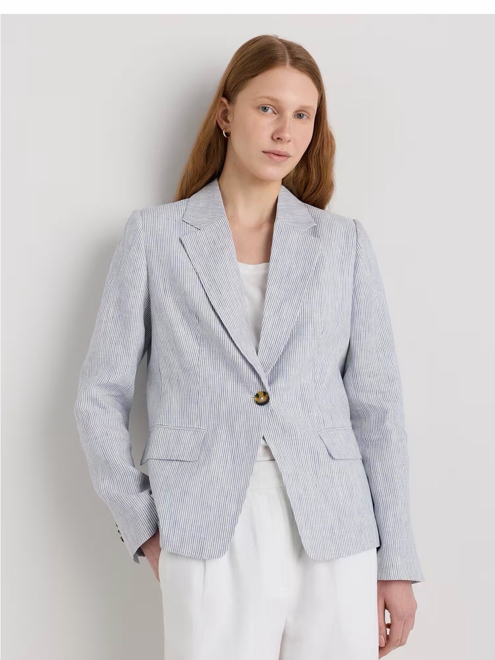 Quince Striped Seersucker Blazer in Light Blue and White